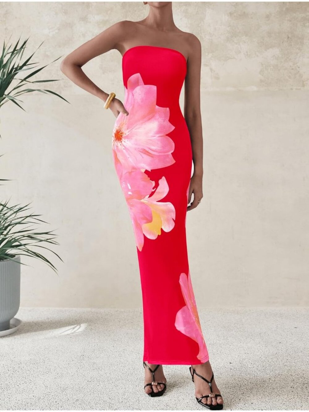 Women's Sexy Black/Pink Floral Strapless Tube Long Bodycon Maxi Club Party Dress - Picture 4 of 6